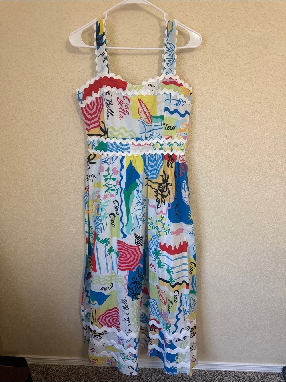 Prosperenia Multicolor Scalloped-Trim Beach Print Maxi Dress with POCKETS M
